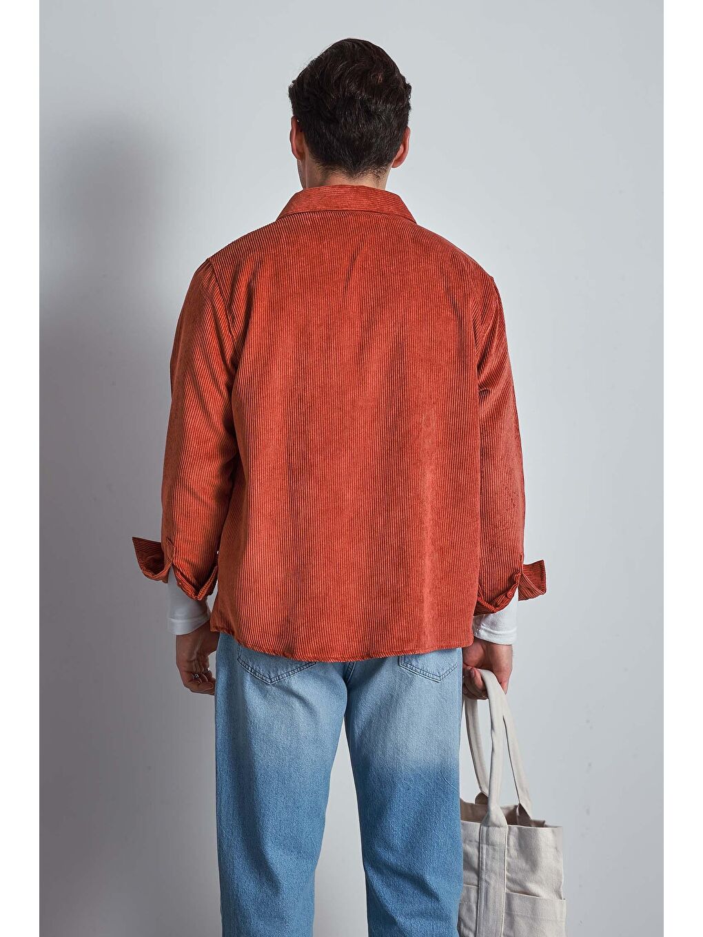 Kahverengi Erkek Oversize Kadife Dokulu Uzun Kollu Gömlek Kiremit-5