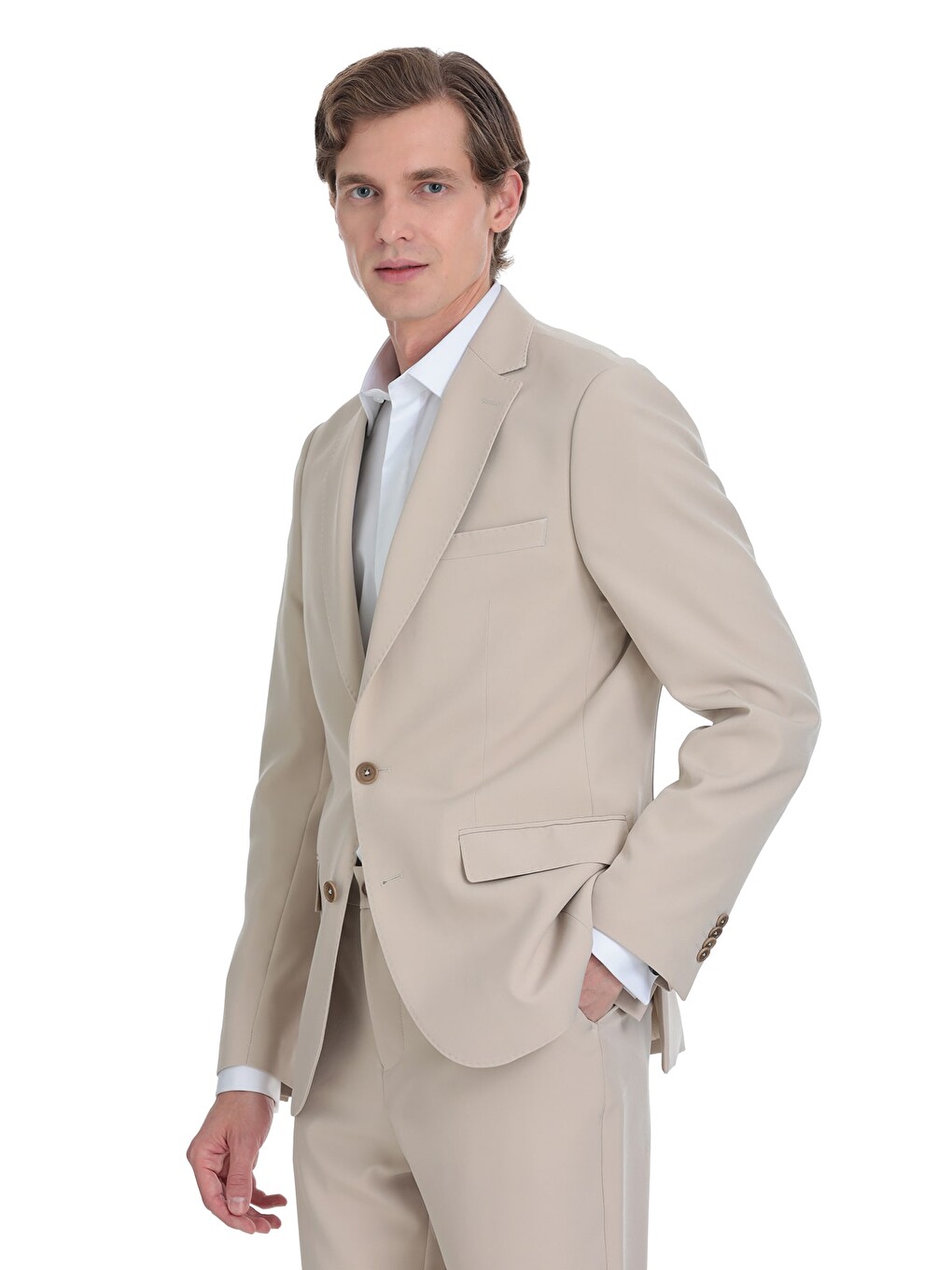 Ekru Slim Fit Mono Yaka Casual Takım Elbise-1