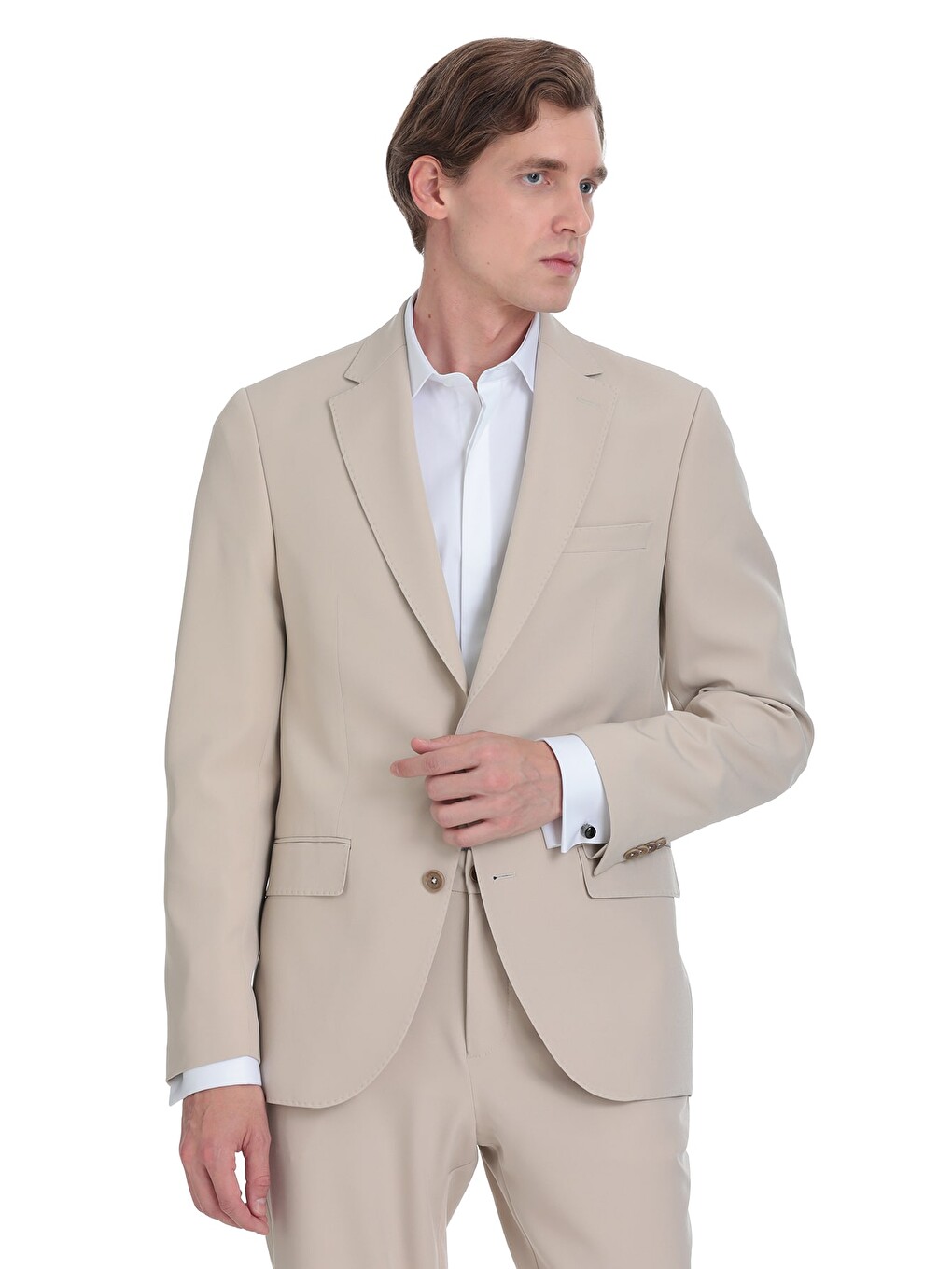 Ekru Slim Fit Mono Yaka Casual Takım Elbise-2