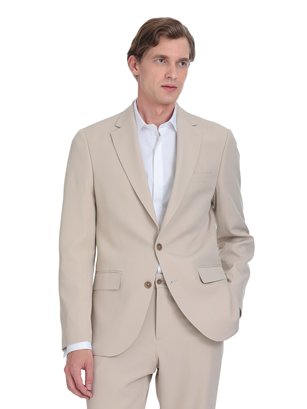 Ekru Slim Fit Mono Yaka Casual Takım Elbise-3