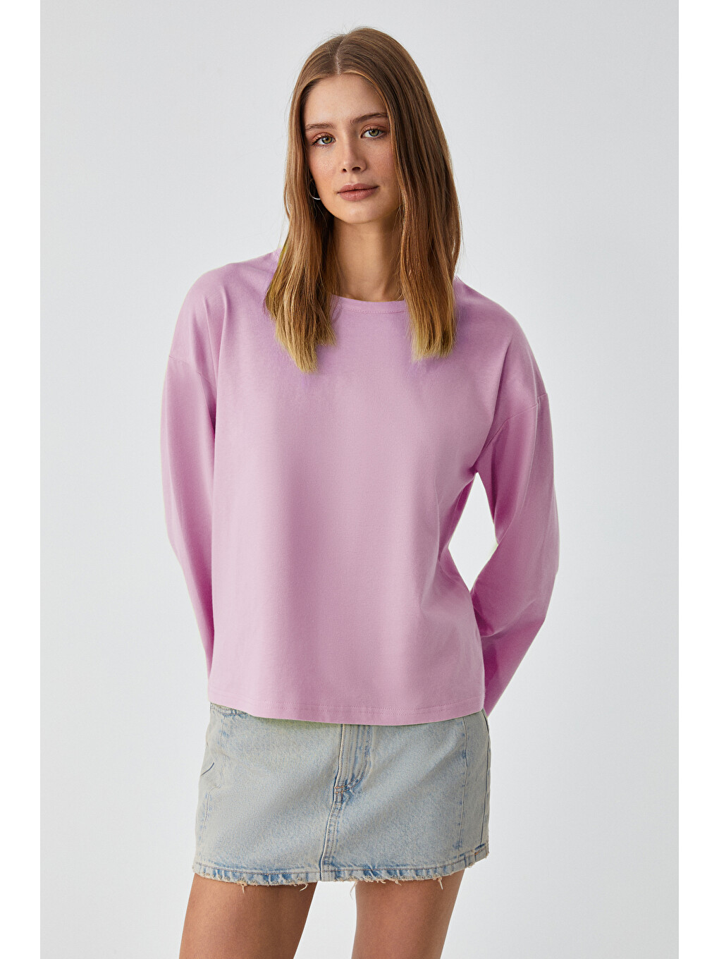 Pembe BASIL Kadını Oversize %100 Organik Pamuk Örme Uzun Kol PEMBE T-Shirt-1