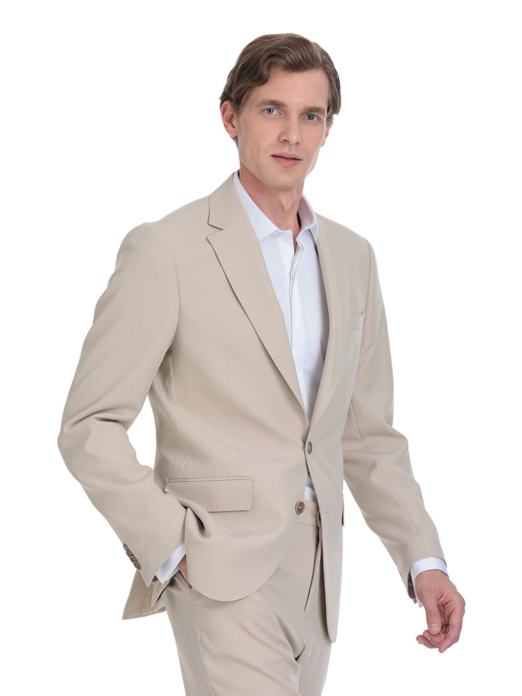 Ekru Slim Fit Mono Yaka Casual Takım Elbise-4
