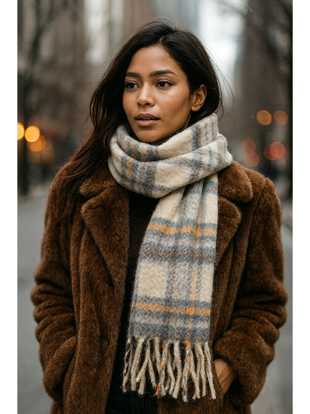 Ekose Desenli Atkı Omuz Şalı 45x200 cm 1297 Bej