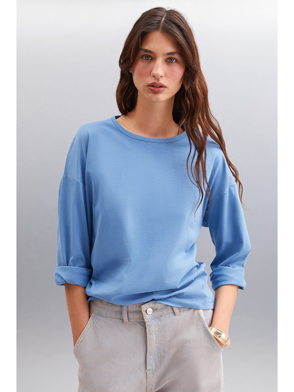 İndigo BASIL Kadını Oversize %100 Organik Pamuk Örme Uzun Kol İNDİGO T-Shirt-2