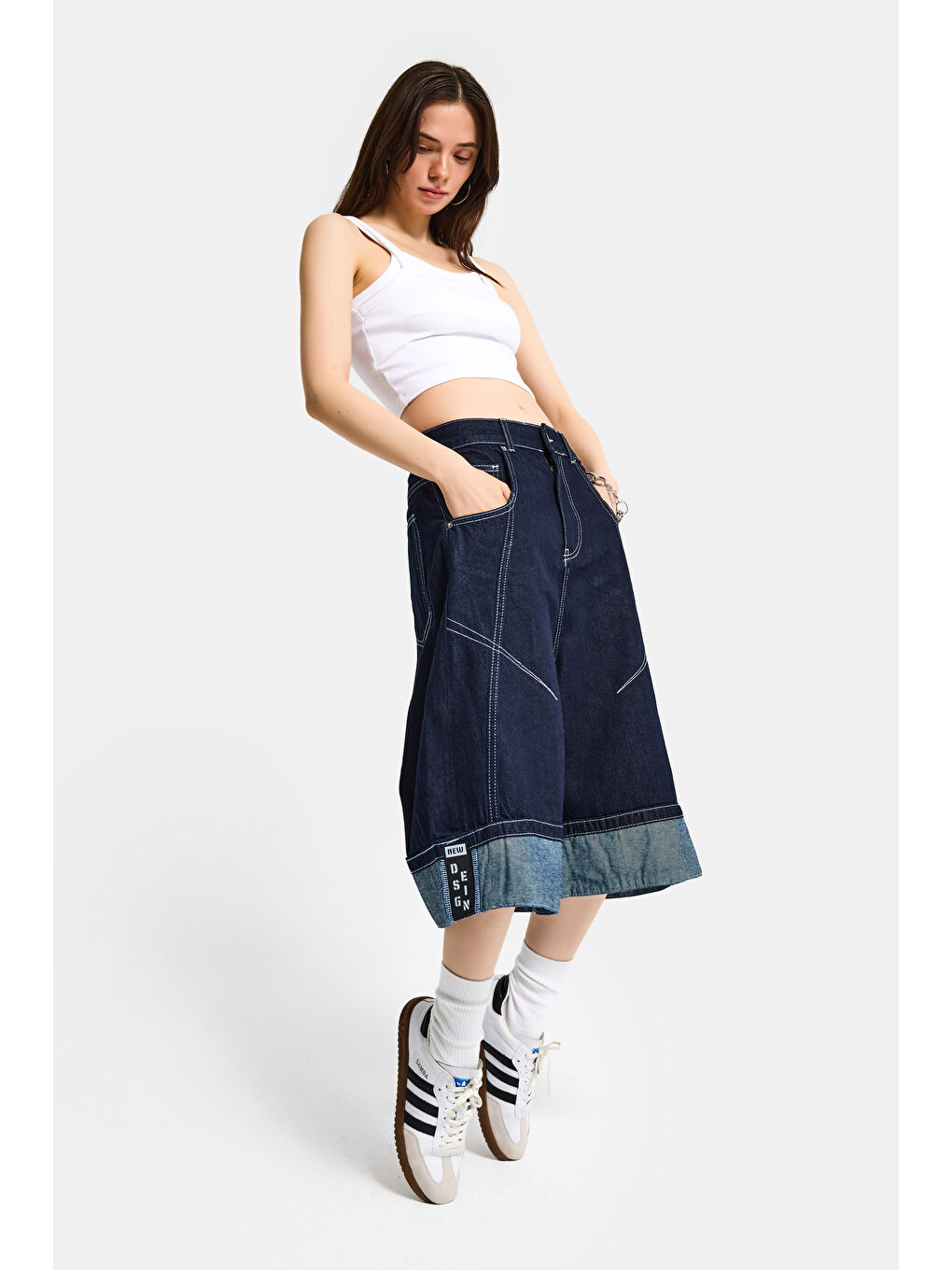 Kadın İndigo Selvedge 7s6-50 Baggy Fit Maxi Boy Özel Tasarım Denim Bermuda Şort-2