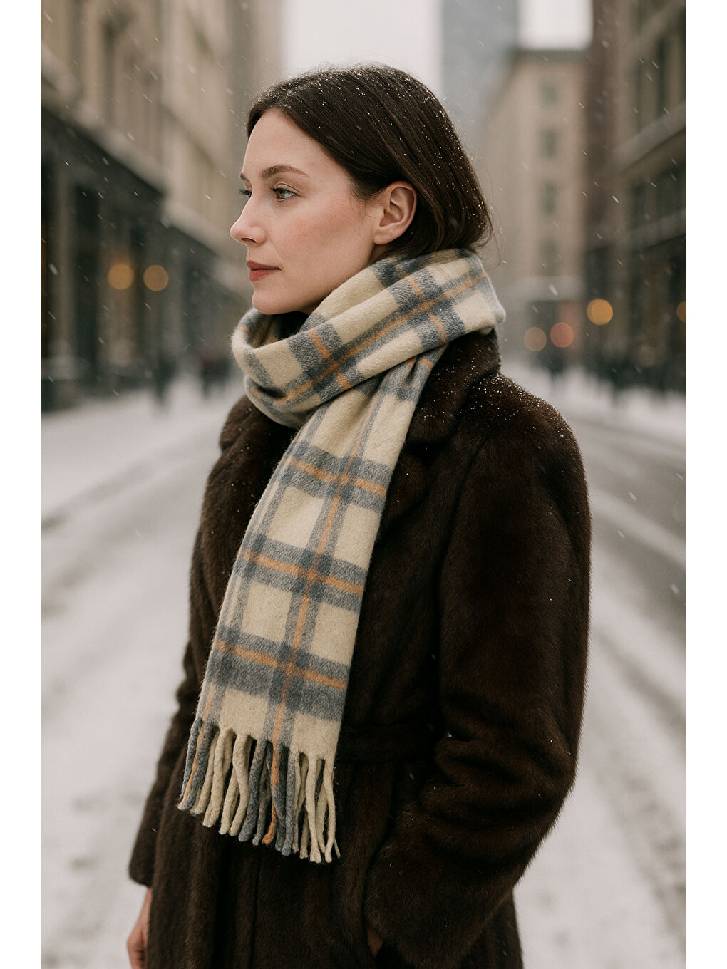 Ekose Desenli Atkı Omuz Şalı 45x200 cm 1297 Bej-1