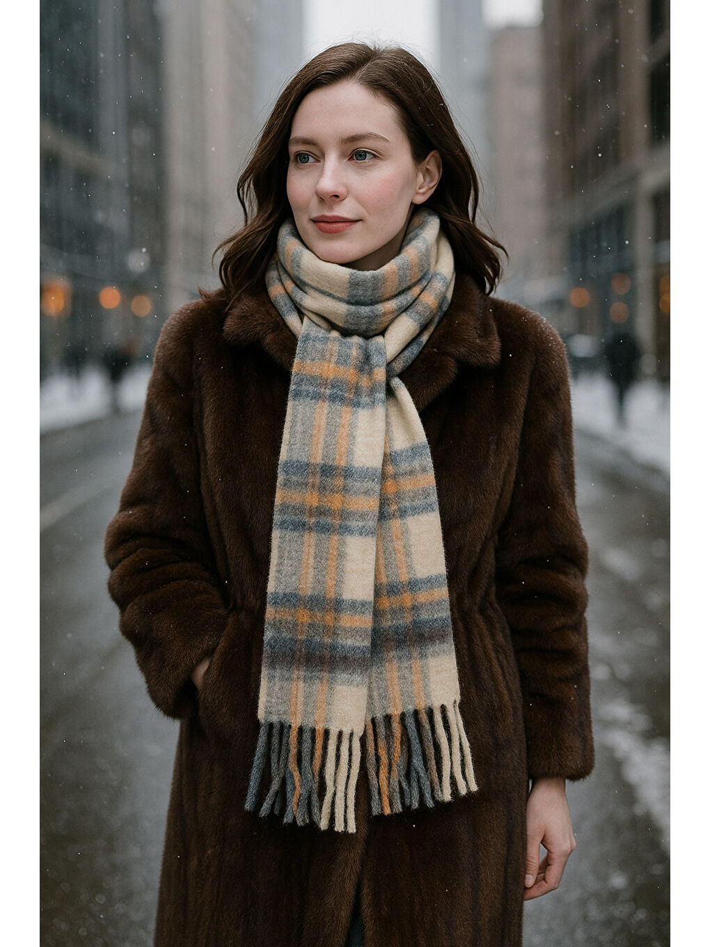 Ekose Desenli Atkı Omuz Şalı 45x200 cm 1297 Bej-2