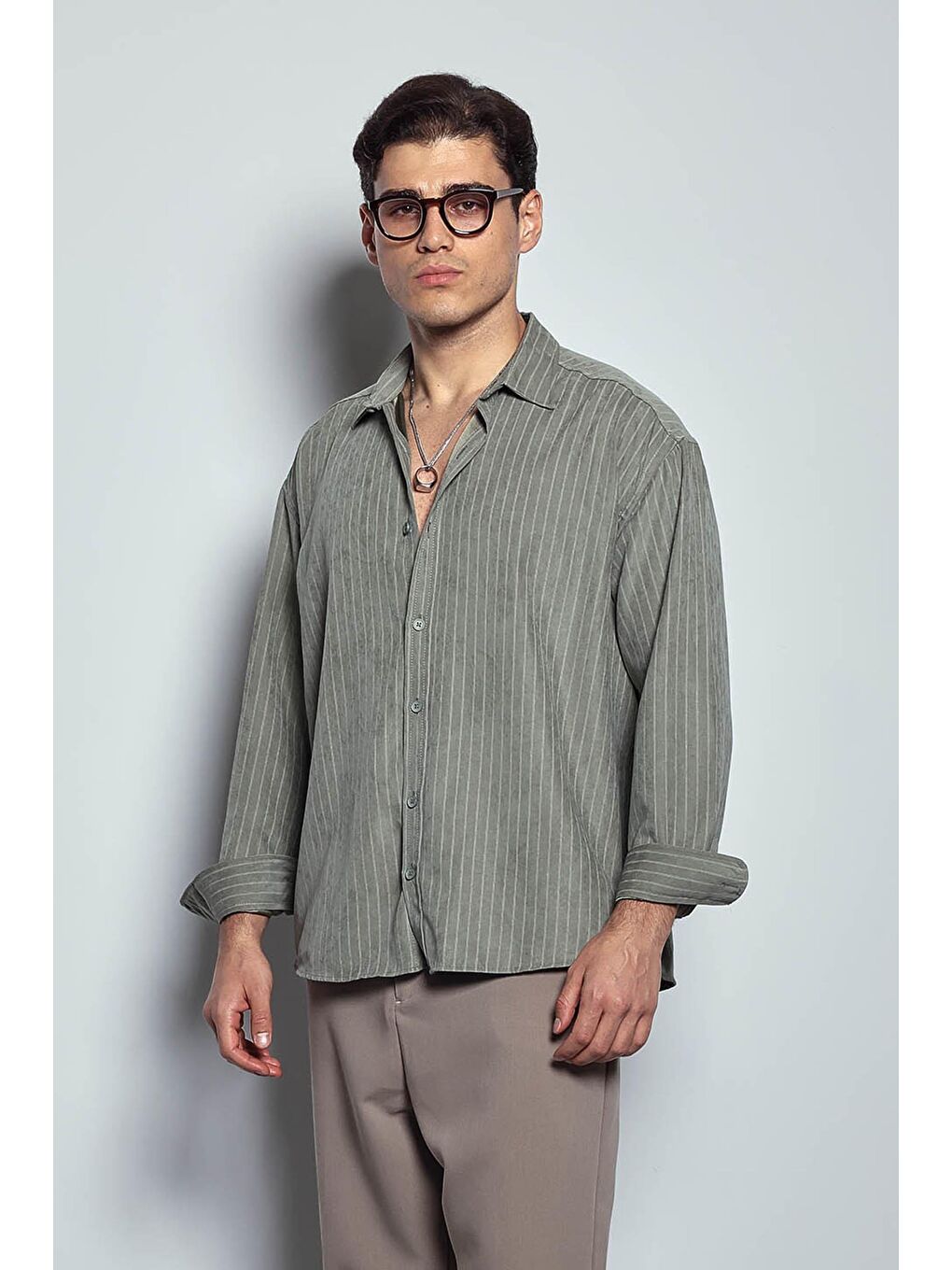 Erkek Oversize Çizgili Uzun Kollu Gömlek Haki Yeşil-2
