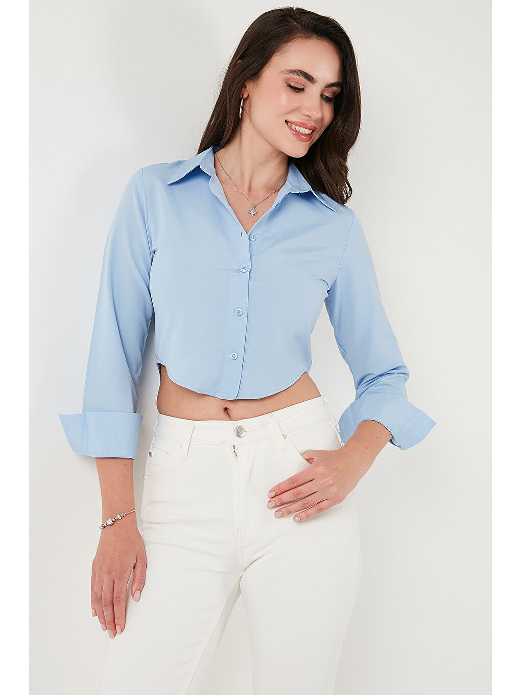 Mavi Pamuk Karışımlı Slim Fit Uzun Kollu Crop Gömlek 6777336-2