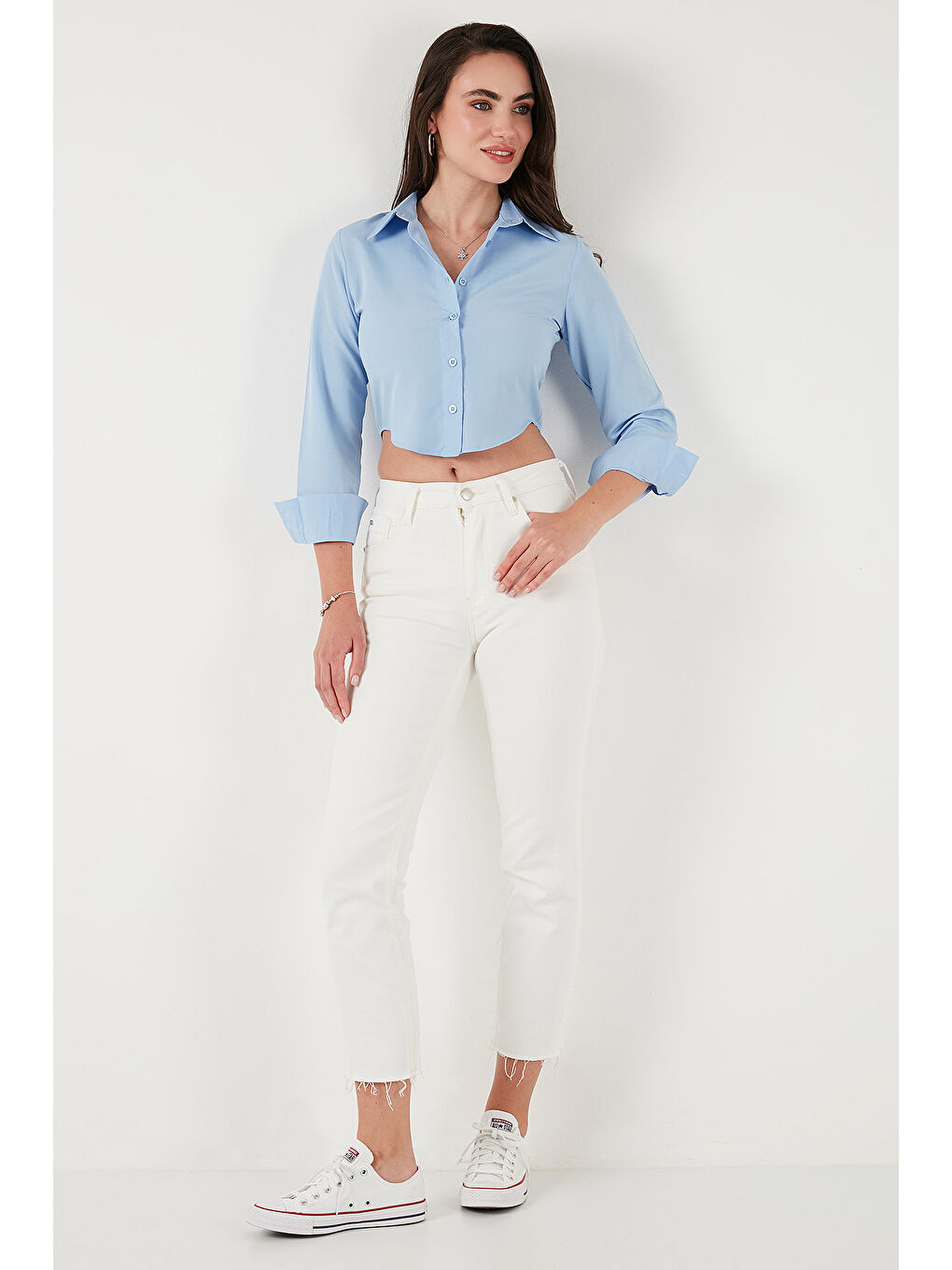 Mavi Pamuk Karışımlı Slim Fit Uzun Kollu Crop Gömlek 6777336-3