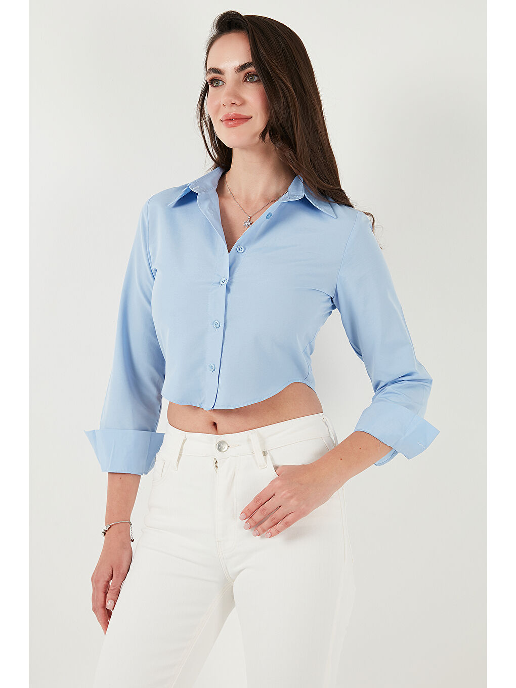Mavi Pamuk Karışımlı Slim Fit Uzun Kollu Crop Gömlek 6777336-4