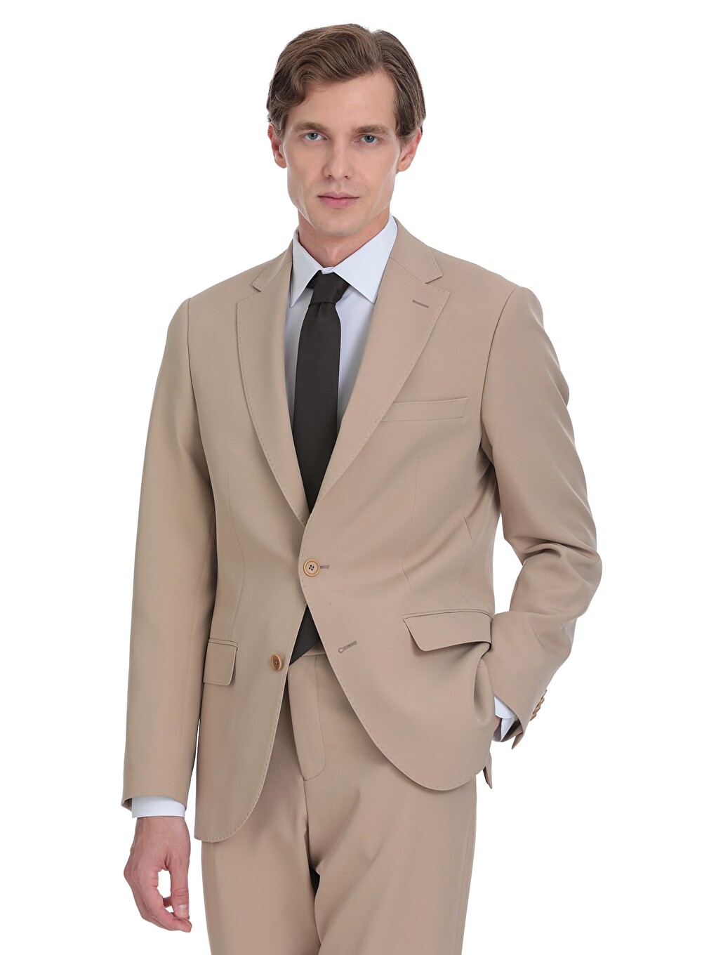 Bej Vizon Slim Fit Mono Yaka Casual Takım Elbise-1