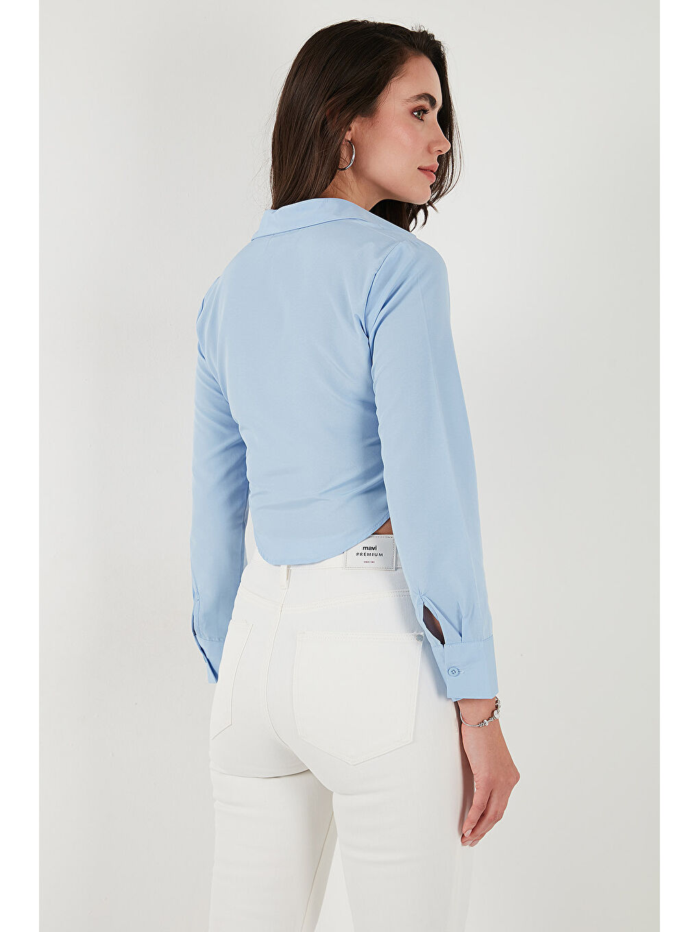 Mavi Pamuk Karışımlı Slim Fit Uzun Kollu Crop Gömlek 6777336-6