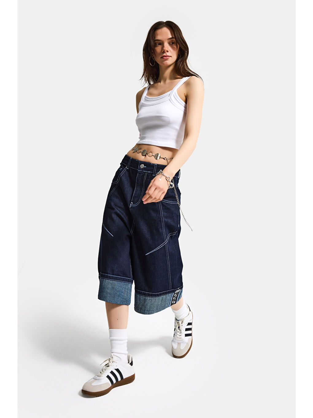 Kadın İndigo Selvedge 7s6-50 Baggy Fit Maxi Boy Özel Tasarım Denim Bermuda Şort-4