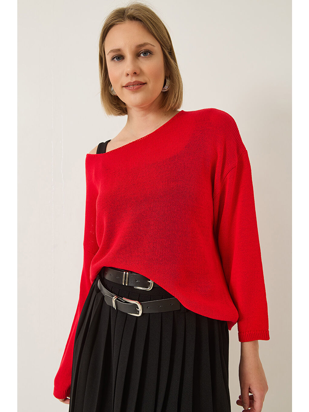Kırmızı Kadın Kayık Yaka Triko Merserize Basic Bluz-1