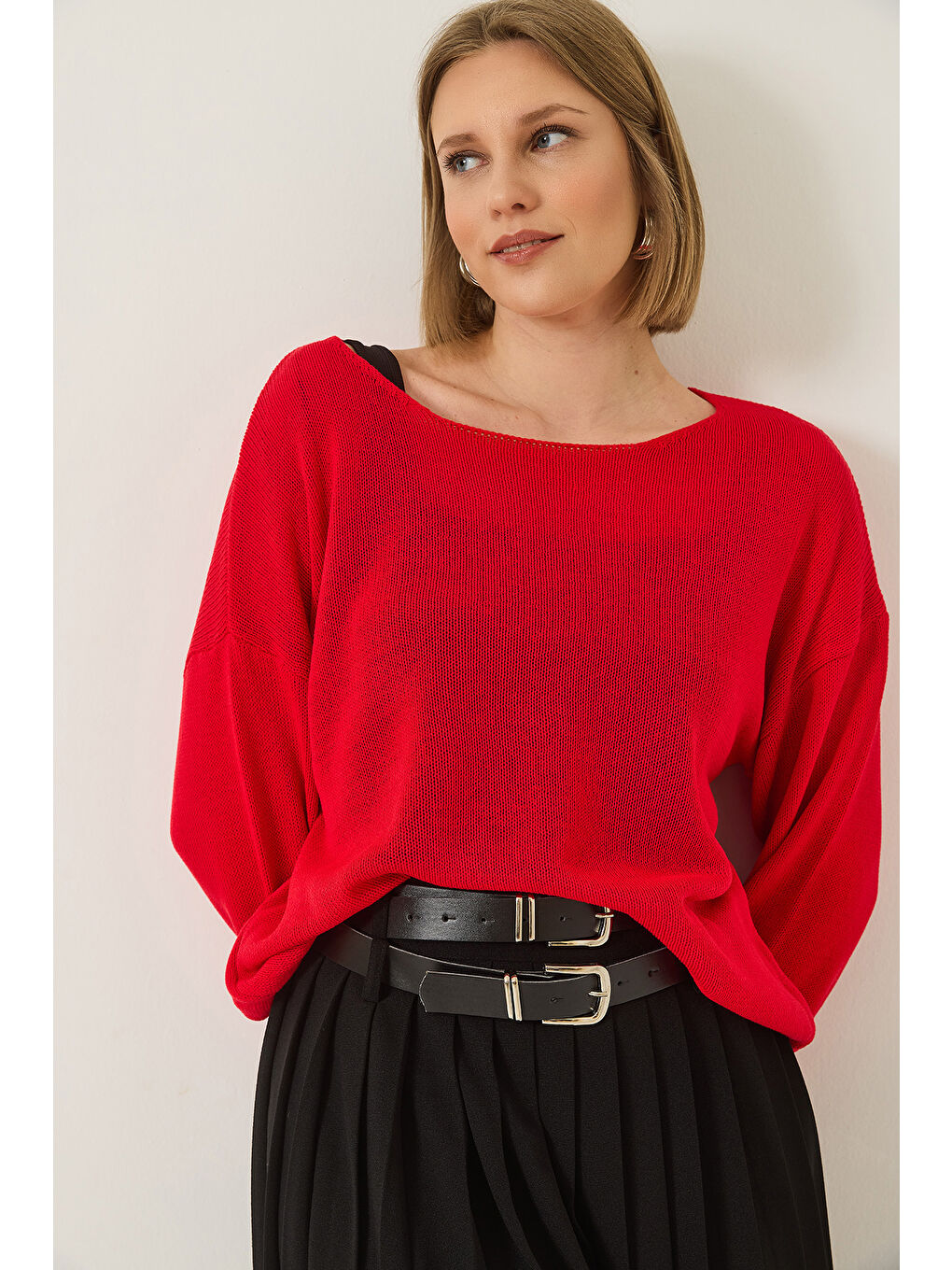 Kırmızı Kadın Kayık Yaka Triko Merserize Basic Bluz-2