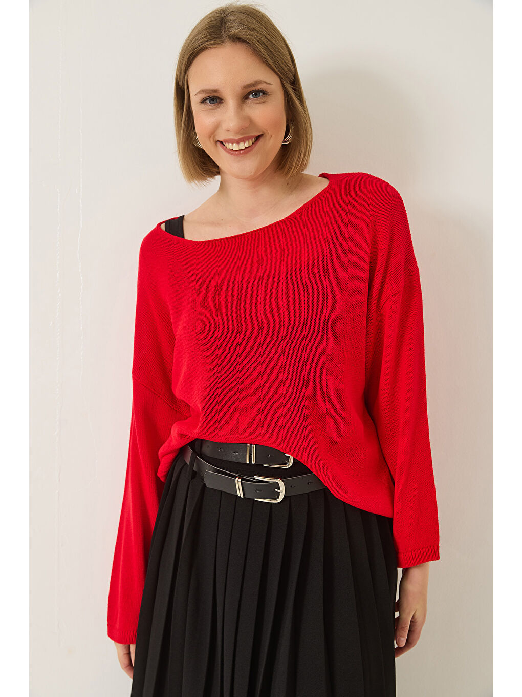 Kırmızı Kadın Kayık Yaka Triko Merserize Basic Bluz-3