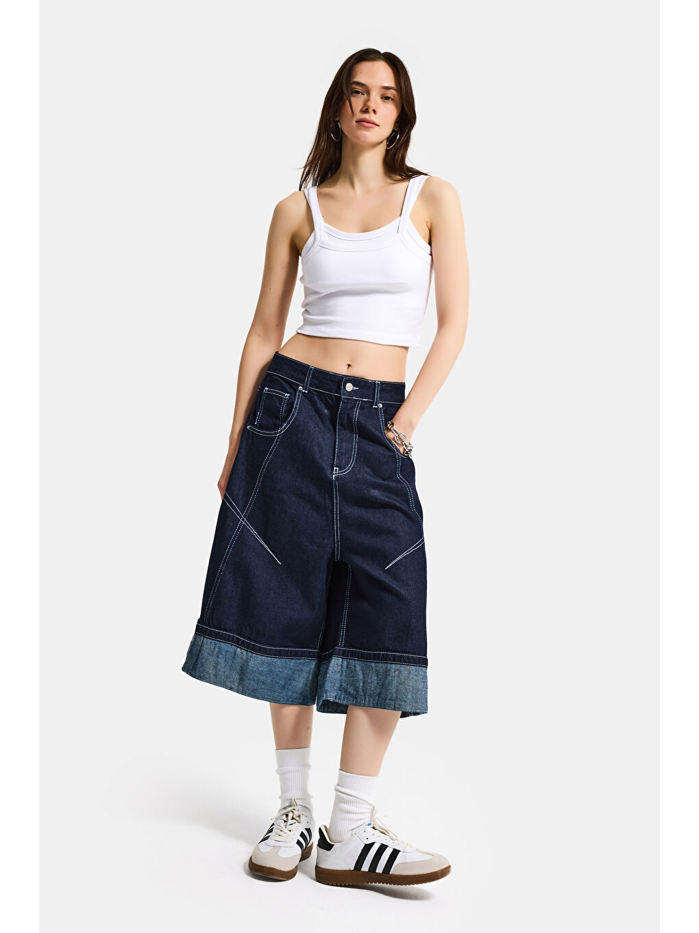 Kadın İndigo Selvedge 7s6-50 Baggy Fit Maxi Boy Özel Tasarım Denim Bermuda Şort-6