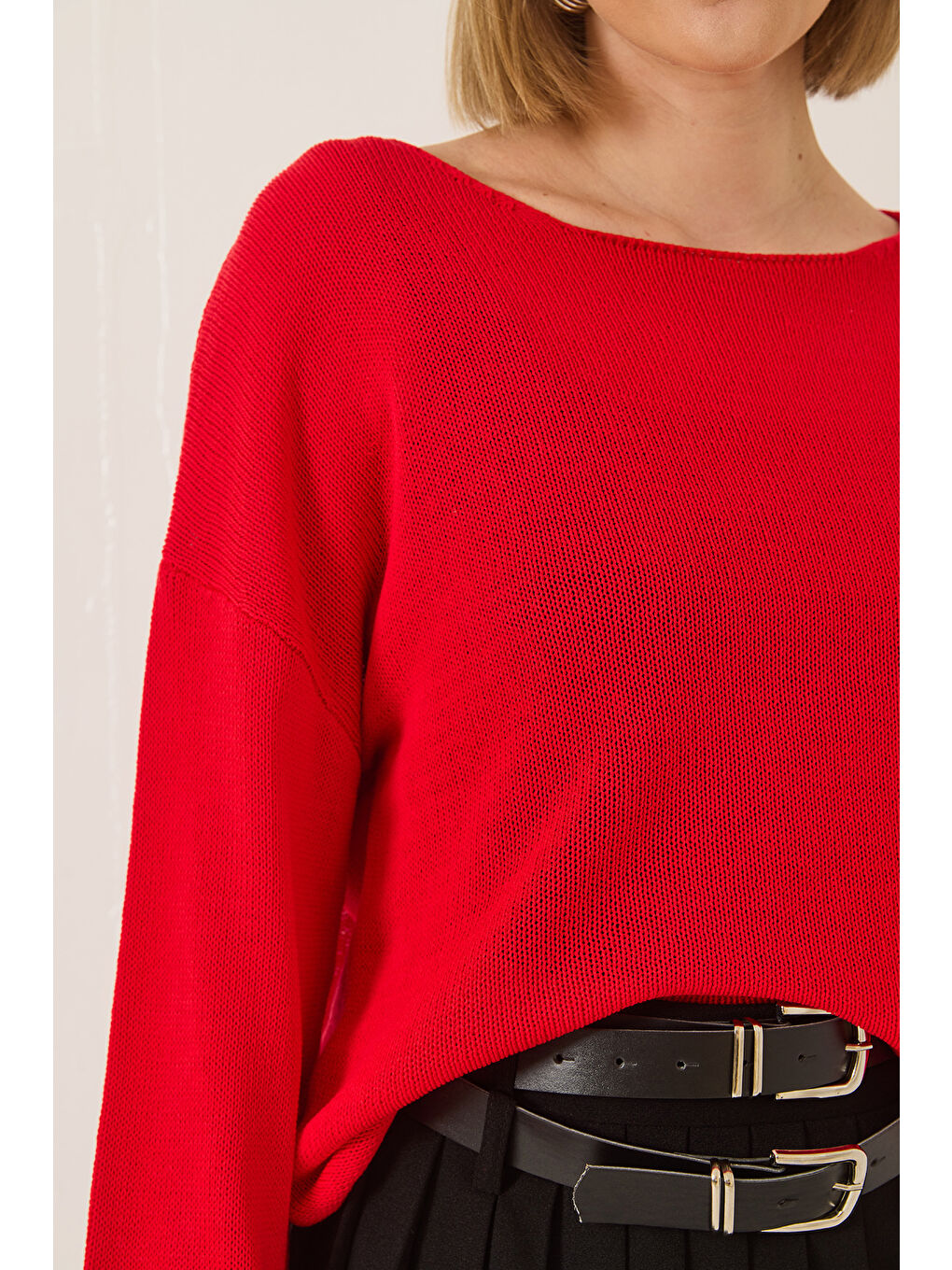 Kırmızı Kadın Kayık Yaka Triko Merserize Basic Bluz-6