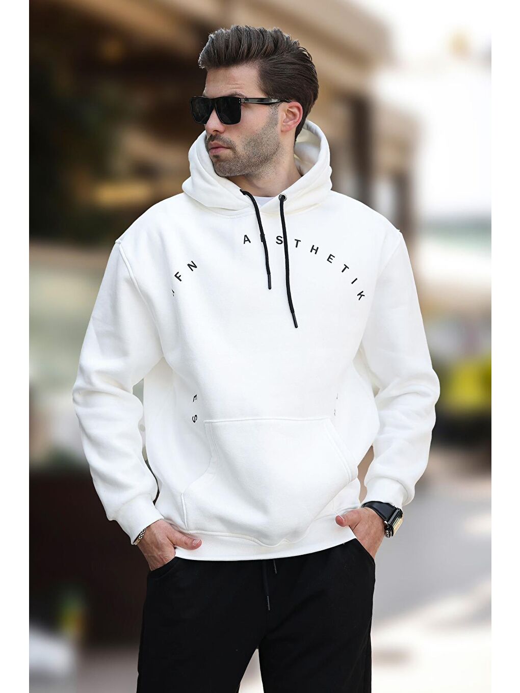 Madmext Ekru Kapüşonlu Cep Detaylı Nakışlı Erkek Sweatshirt 7054 - 2