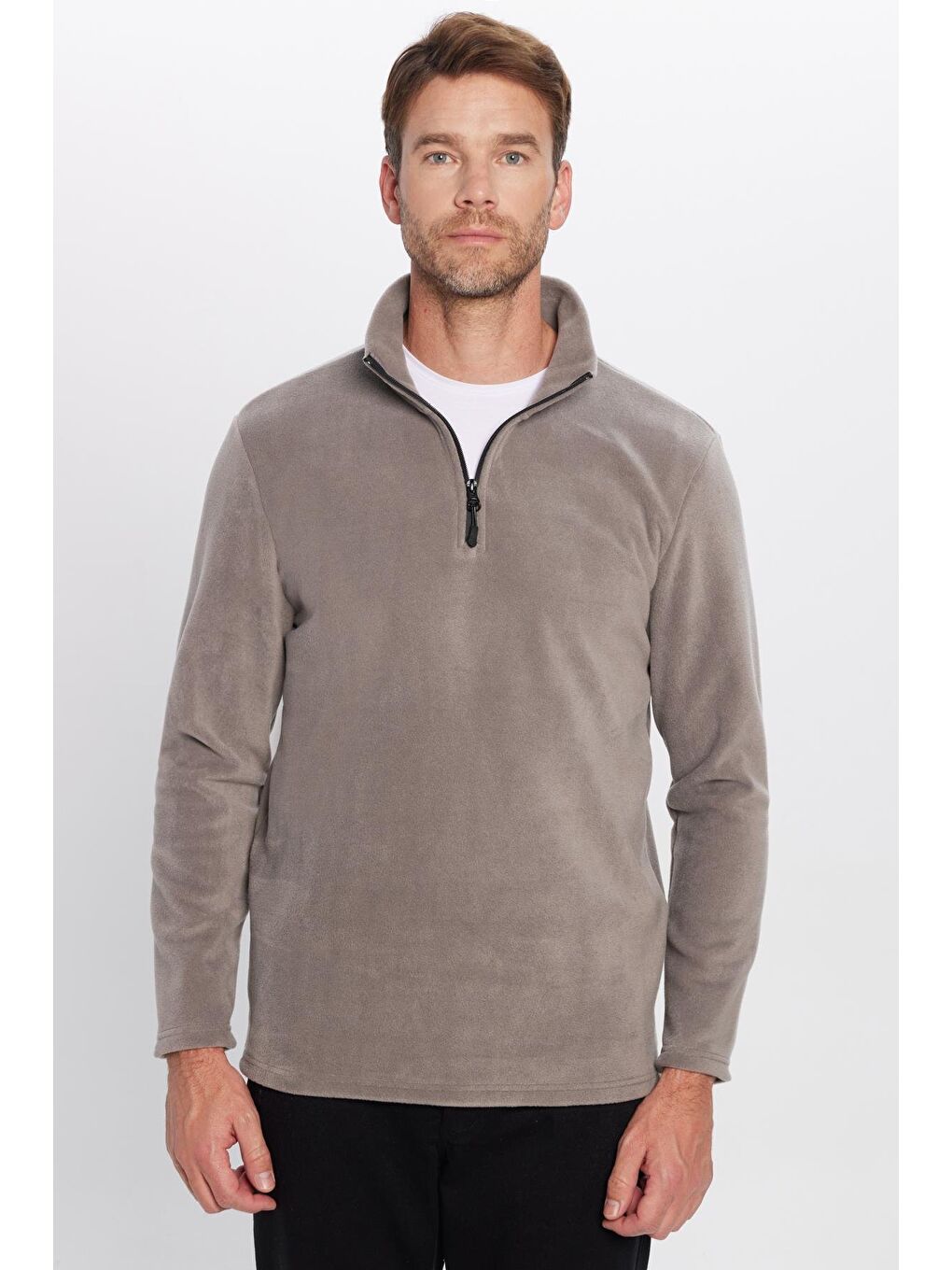 Unisex Standart Fit Anti-Pilling Tüylenme Yapmayan Soğuk Geçirmez Gri Bato Yaka Polar Sweatshirt-1