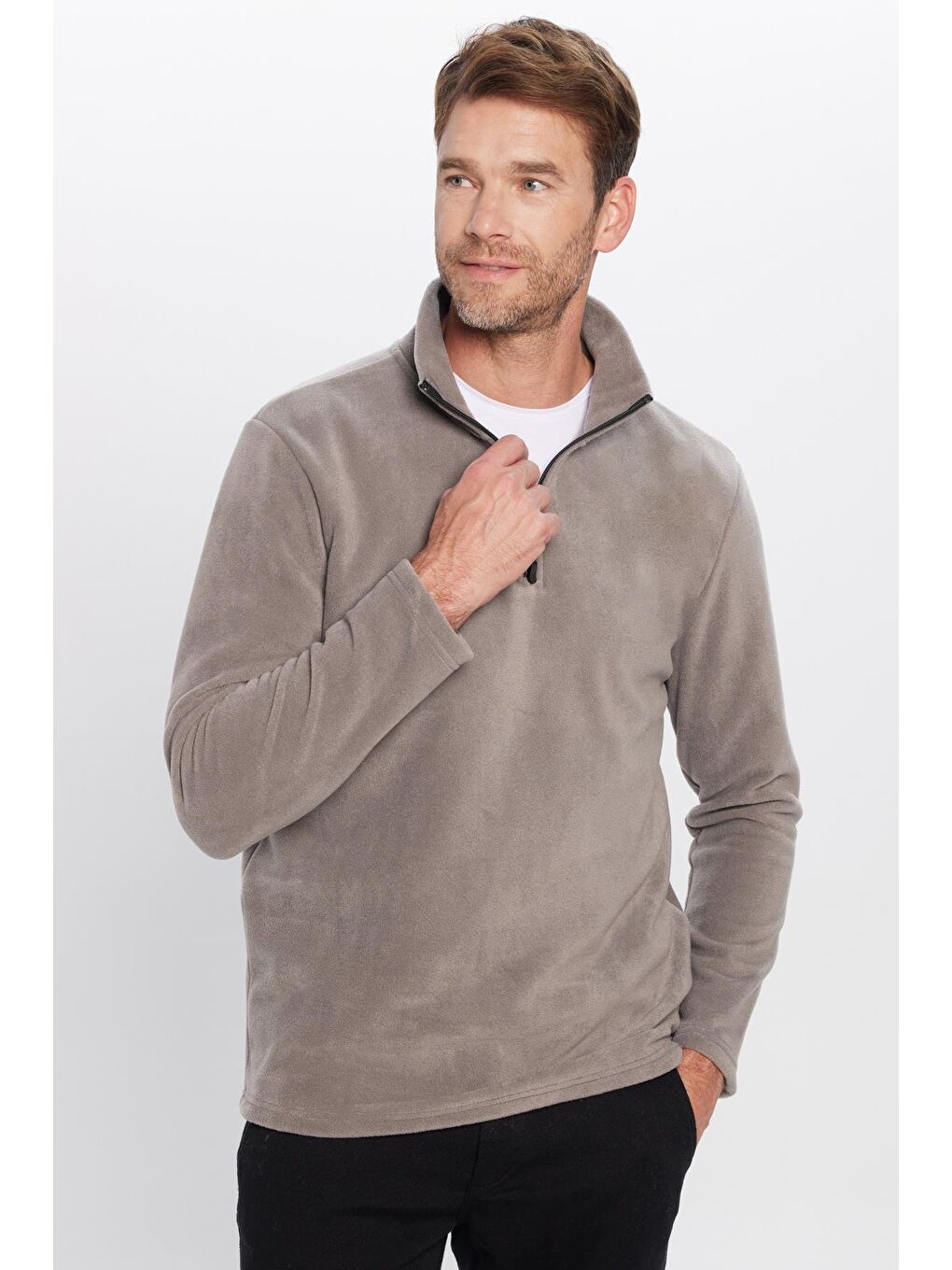 Unisex Standart Fit Anti-Pilling Tüylenme Yapmayan Soğuk Geçirmez Gri Bato Yaka Polar Sweatshirt-2