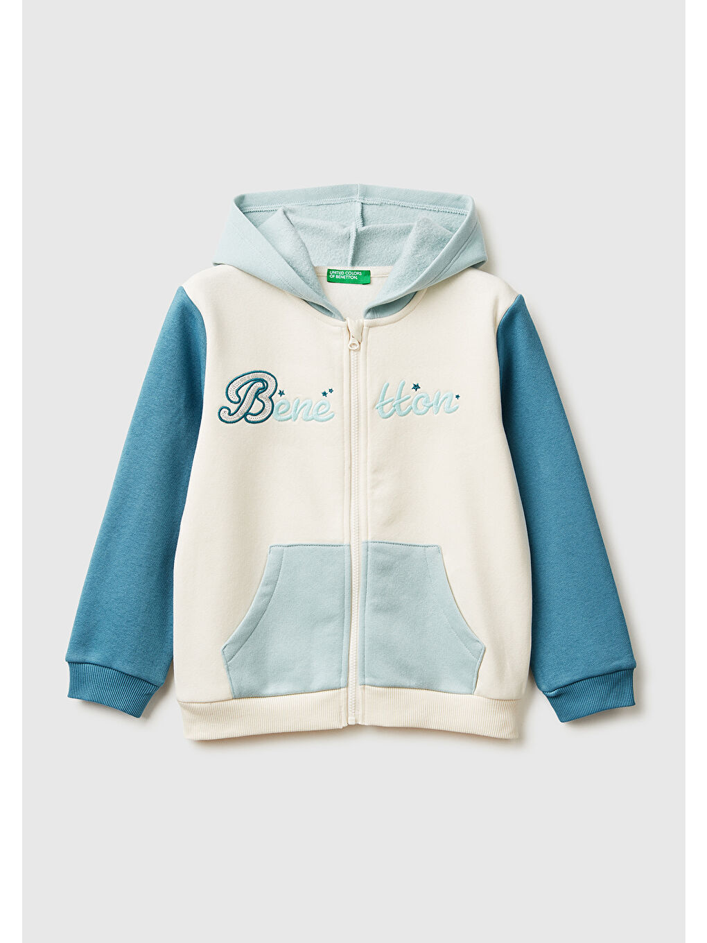 Kız Çocuk Ekru-Mavi Renk Bloklu Payet Nakışlı Fermuarlı Kapüşonlu Sweatshirt