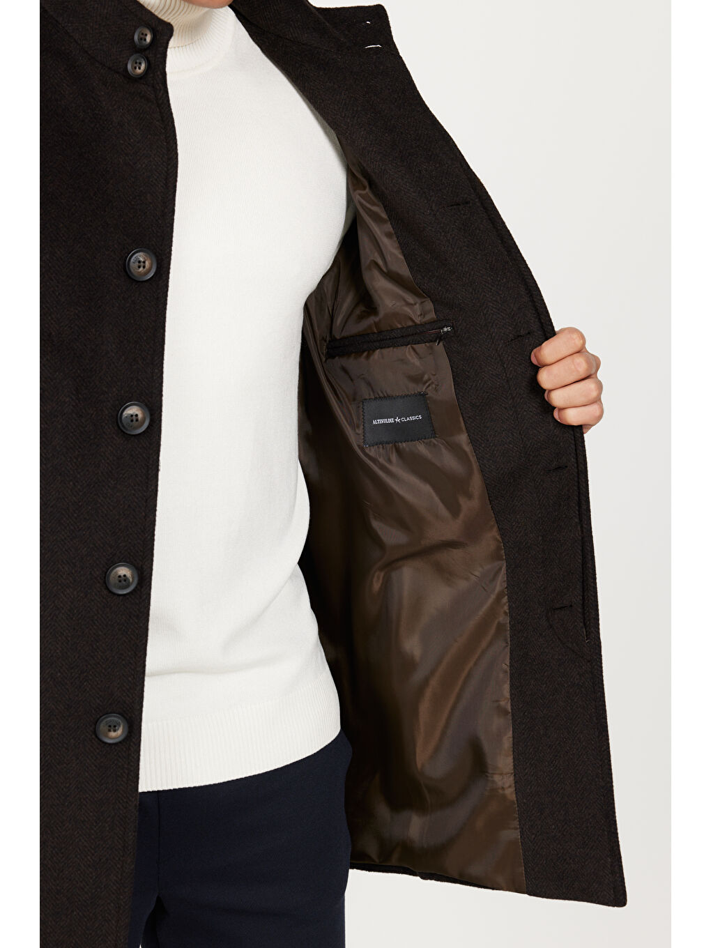 Erkek Kahverengi Standart Fit Normal Kesim Dik Yaka Desenli Palto-4