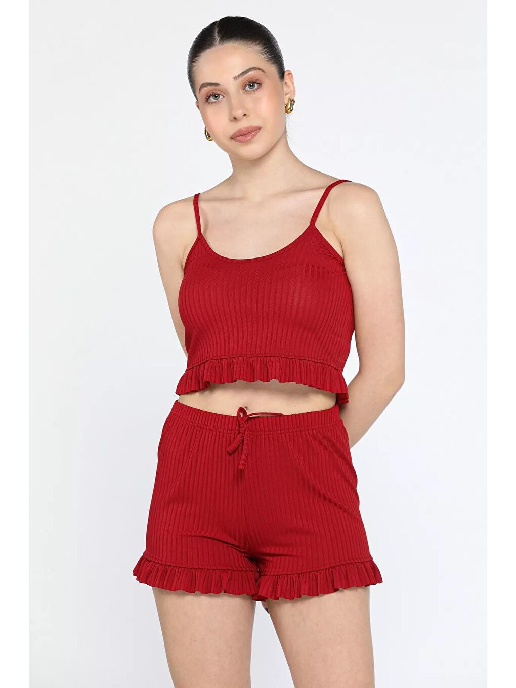 Bordo İp Askılı Fırfırlı Kaşkorse Kadın Şortlu Takım-2