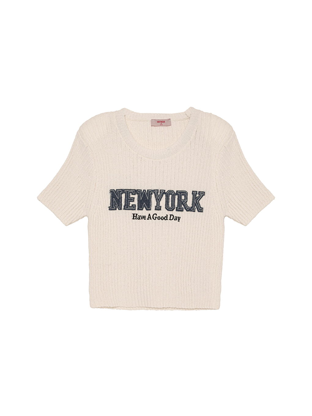 QUZU New York Baskılı Crop Triko Ekru