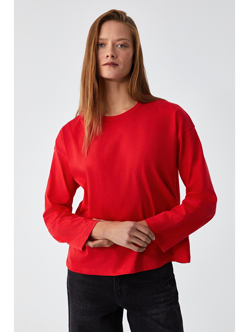 Kırmızı BASIL Kadını Oversize %100 Organik Pamuk Örme Uzun Kol KIRMIZI T-Shirt