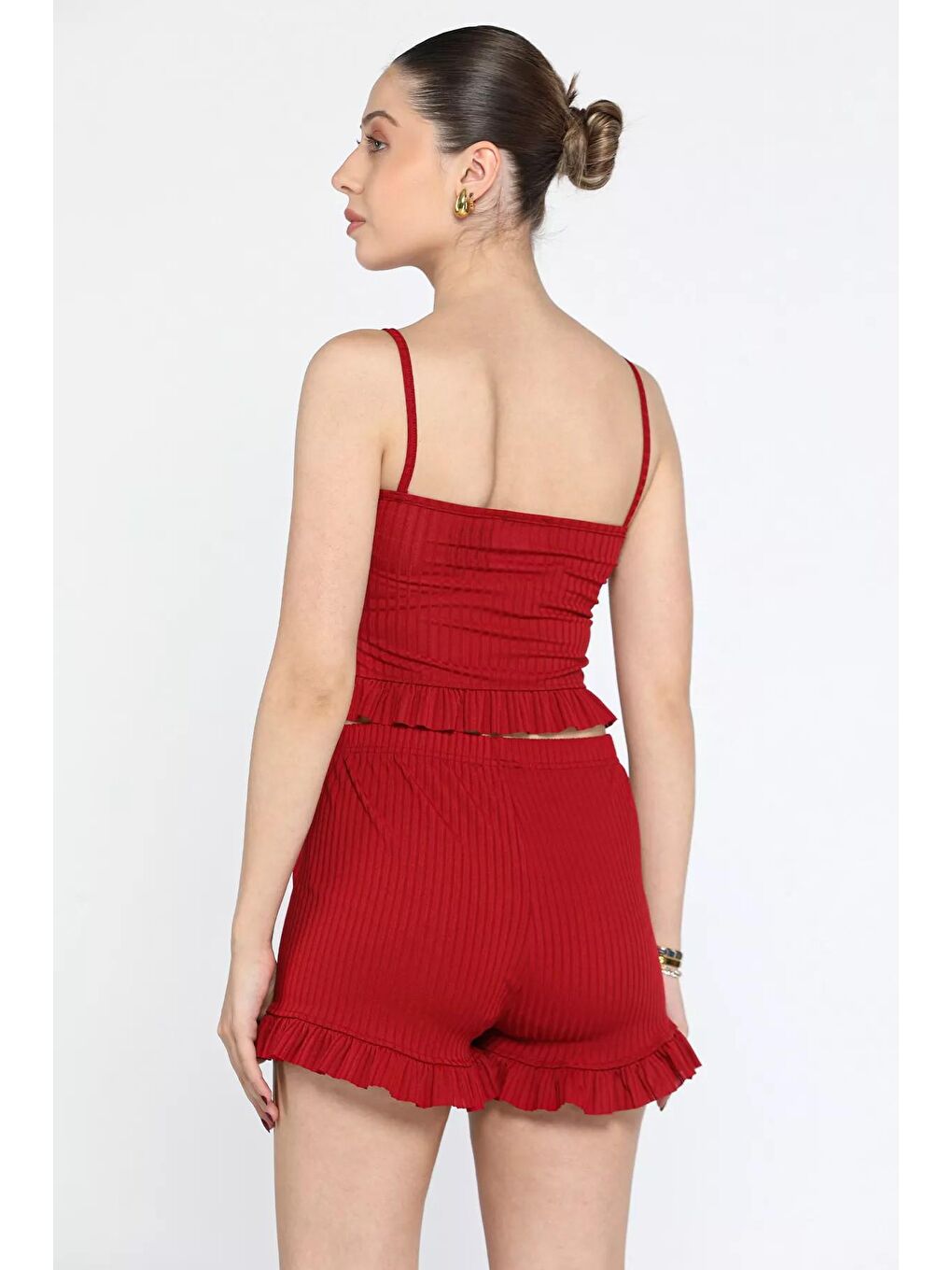 Bordo İp Askılı Fırfırlı Kaşkorse Kadın Şortlu Takım-3