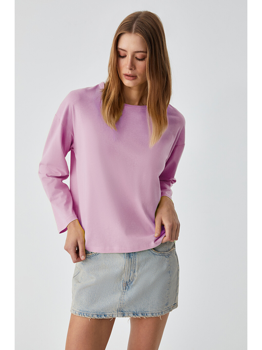 Pembe BASIL Kadını Oversize %100 Organik Pamuk Örme Uzun Kol PEMBE T-Shirt-2