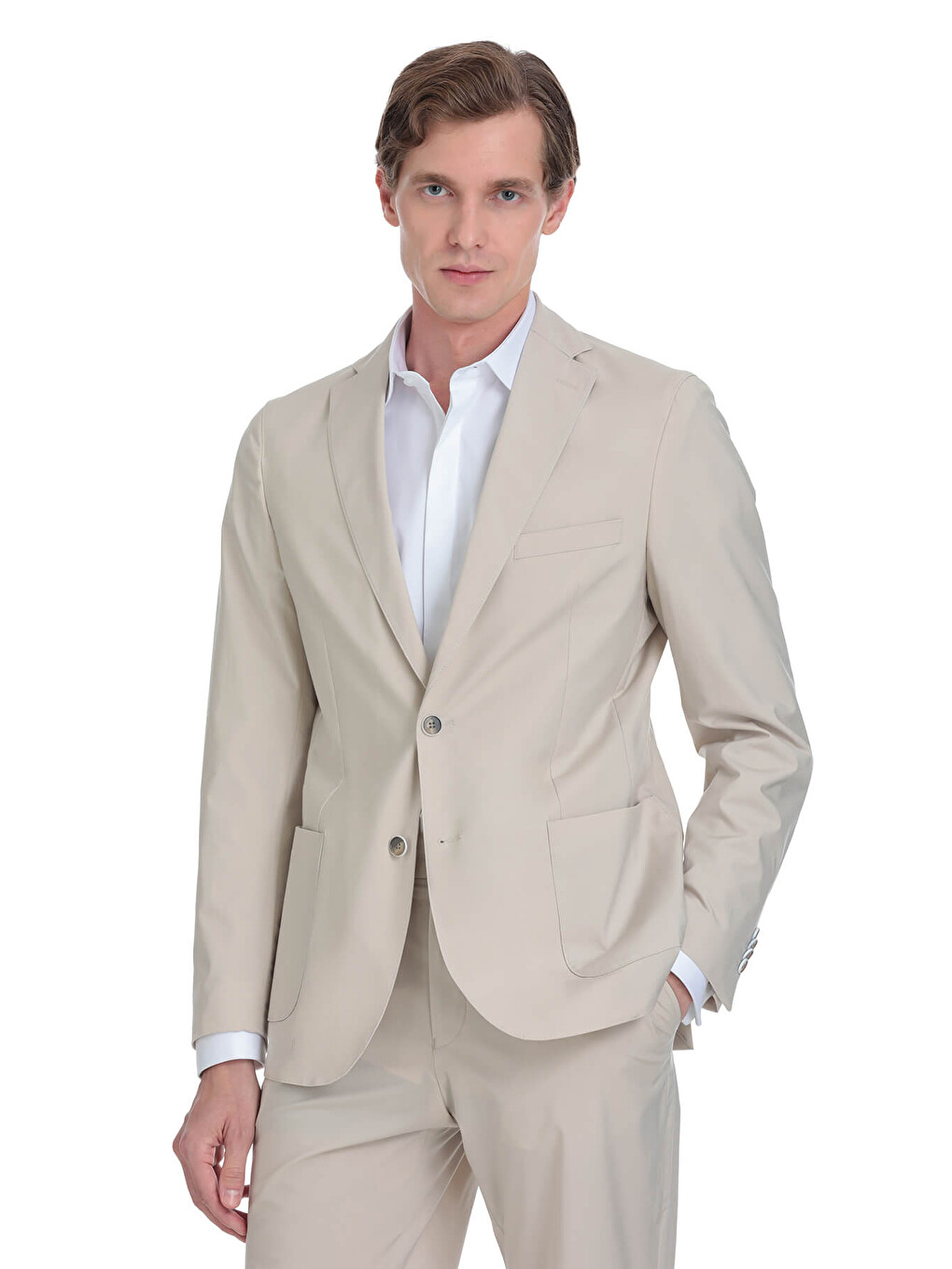 Bej Slim Fit Mono Yaka Casual Takım Elbise-1
