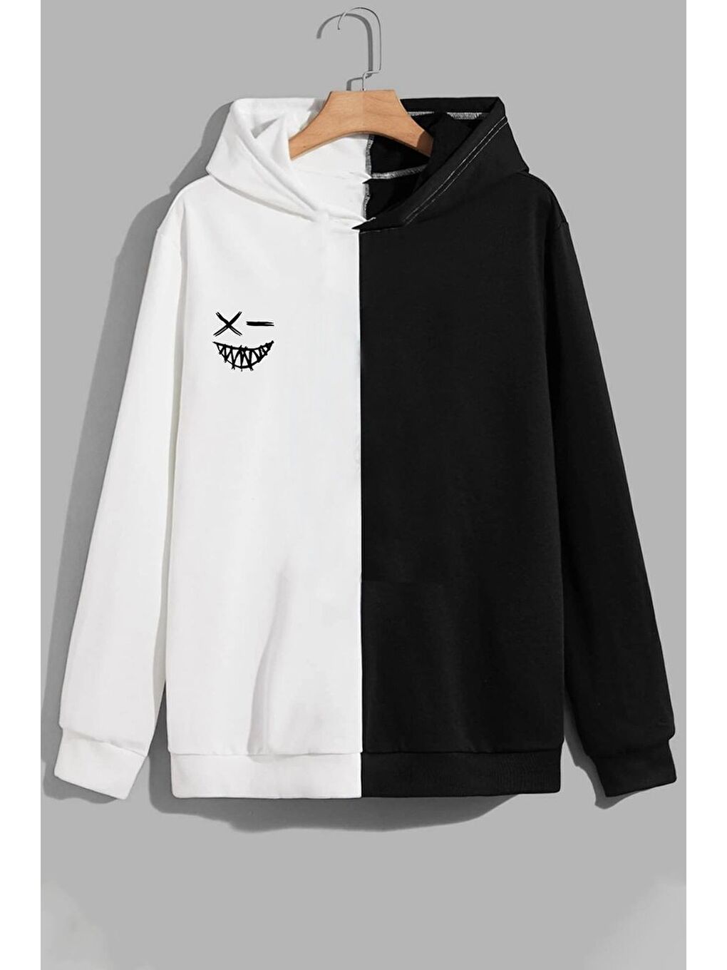 uyguntarz Siyah Unisex Cartoon Face Siyah Beyaz Hoodie