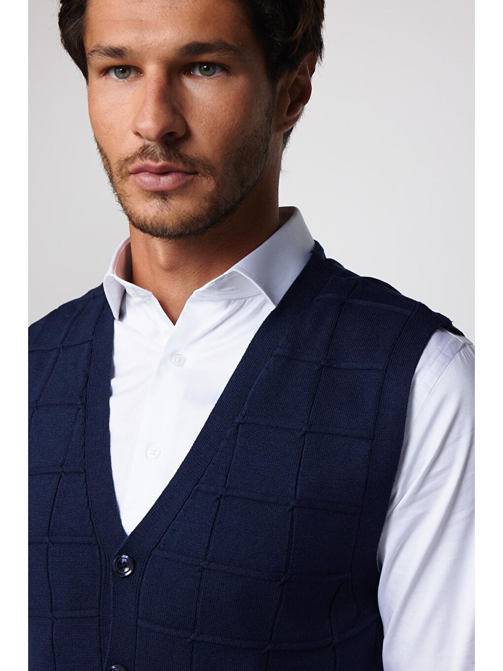 Slim Fit Kare Desenli Lacivert Erkek Yelek-1