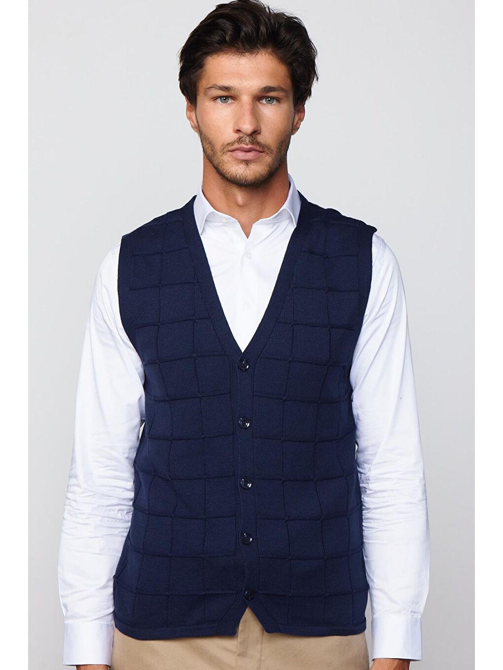 Slim Fit Kare Desenli Lacivert Erkek Yelek-2