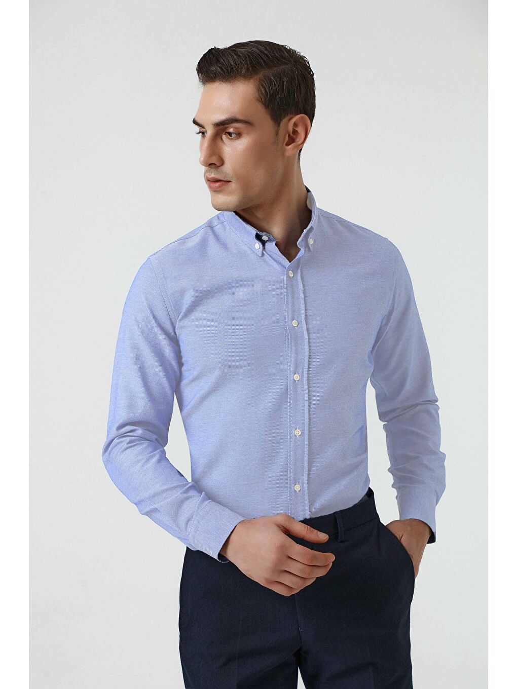 Slim Fit Mavi Armürlü Düğmeli Yaka Pamuklu Gömlek