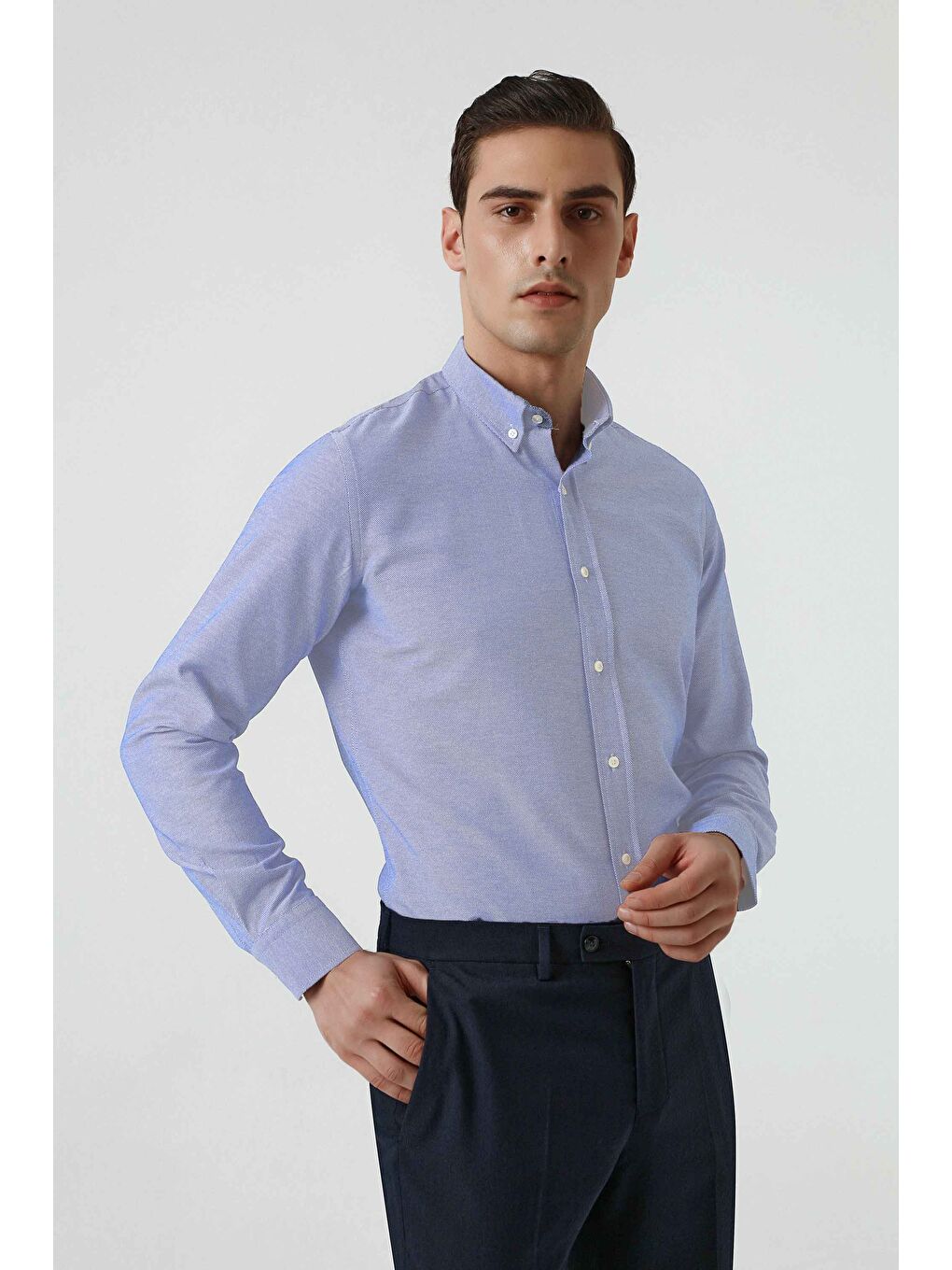 Slim Fit Mavi Armürlü Düğmeli Yaka Pamuklu Gömlek-1