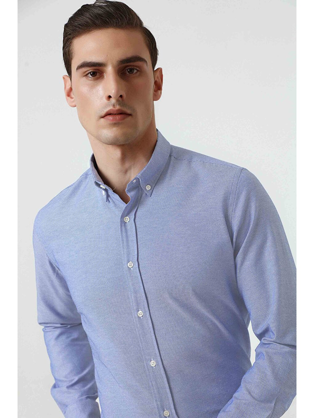 Slim Fit Mavi Armürlü Düğmeli Yaka Pamuklu Gömlek-2