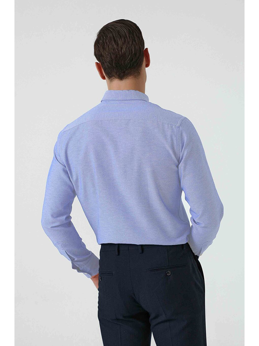 Slim Fit Mavi Armürlü Düğmeli Yaka Pamuklu Gömlek-3