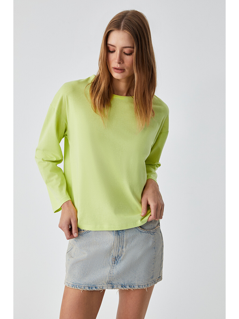 Yeşil BASIL Kadını Oversize %100 Organik Pamuk Örme Uzun Kol YEŞİL T-Shirt-3