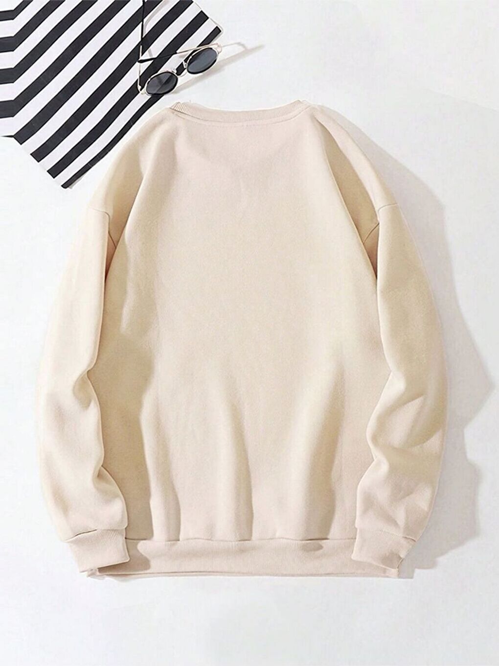 Bej Baskısız  Oversize Bisiklet Yaka Uzun Kollu Sweatshirt-1