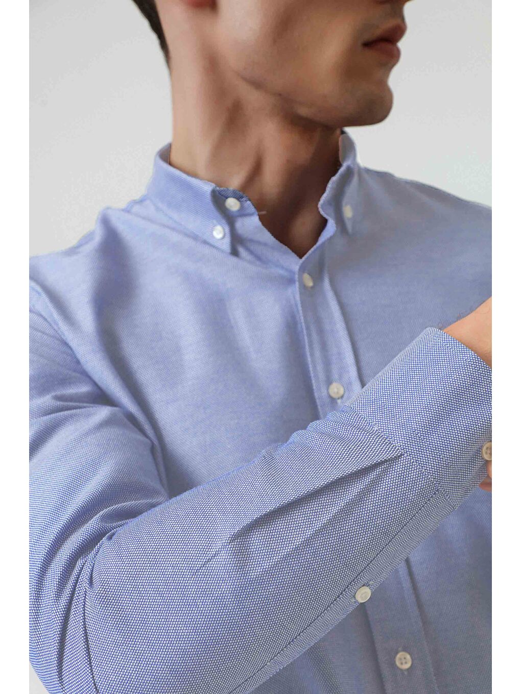Slim Fit Mavi Armürlü Düğmeli Yaka Pamuklu Gömlek-5