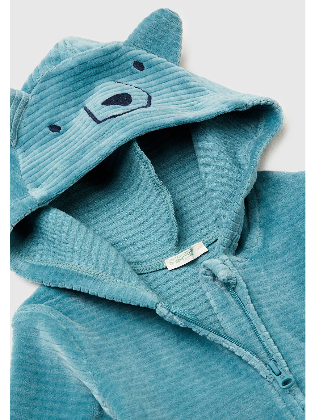 Bebek Koyu Yeşil Nervür Desenli İşlemeli Kulaklı Kapüşonlu Sweatshirt-2