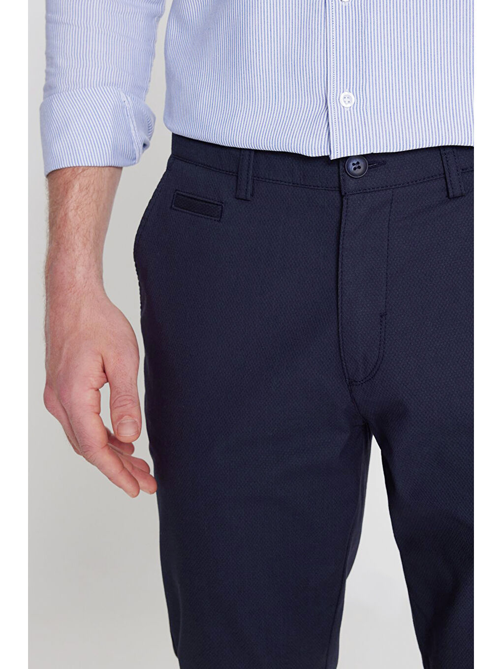 Erkek Lacivert Pamuklu Slim Fit Dar Kesim Yan Cepli Armürlü Esnek Casual Pantolon-3