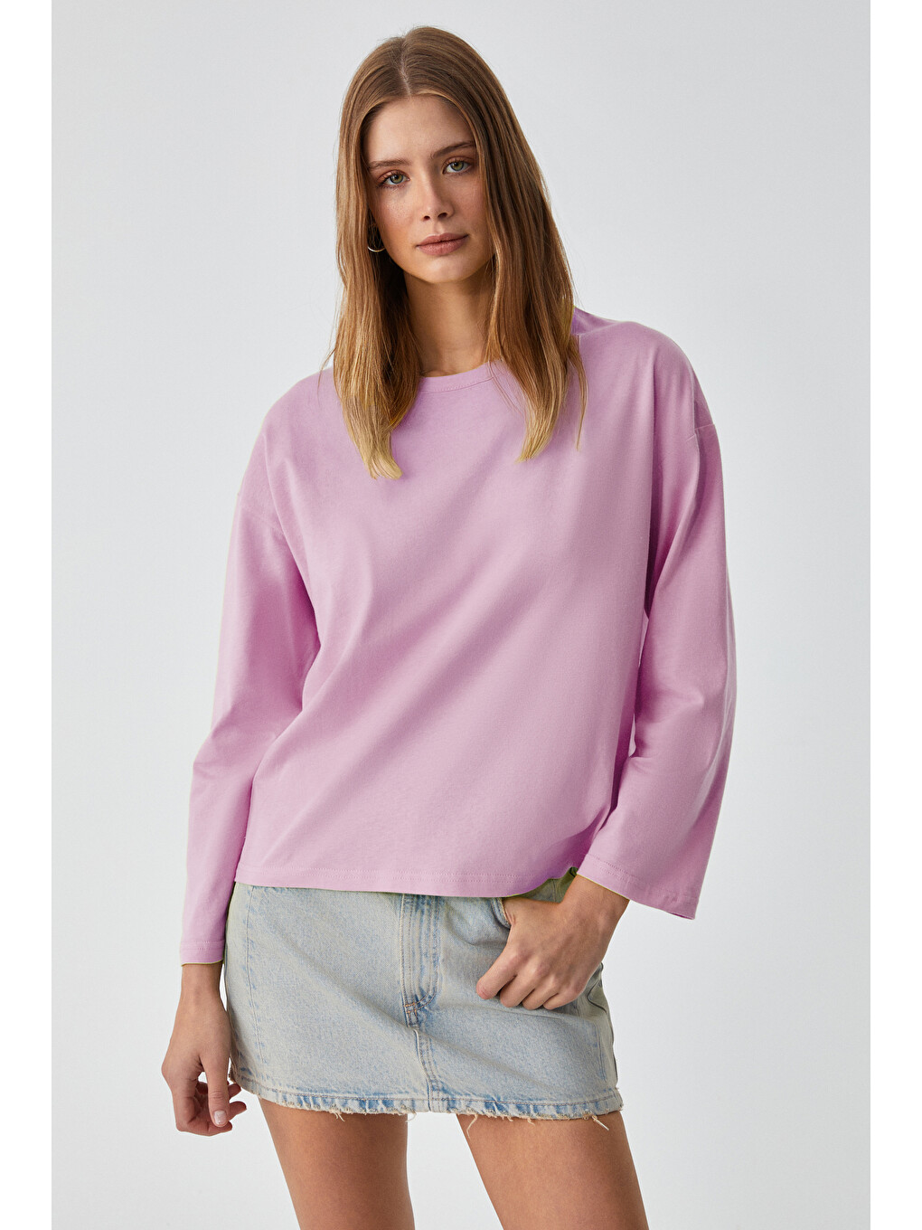 Pembe BASIL Kadını Oversize %100 Organik Pamuk Örme Uzun Kol PEMBE T-Shirt-3
