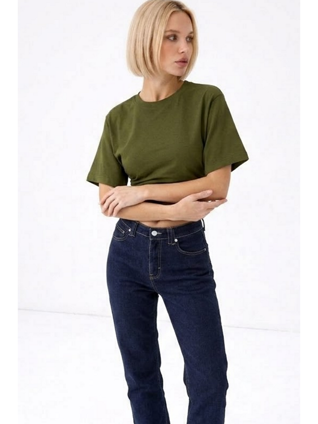 Kadın Fashion Slim Fit Haki Crop Tişört-1