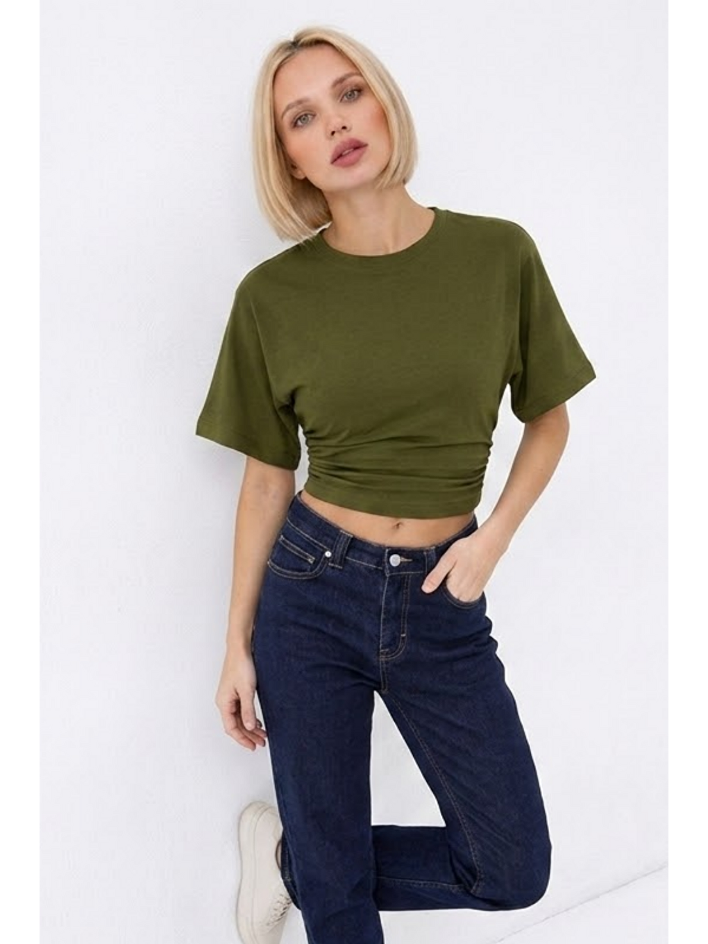 Kadın Fashion Slim Fit Haki Crop Tişört-2