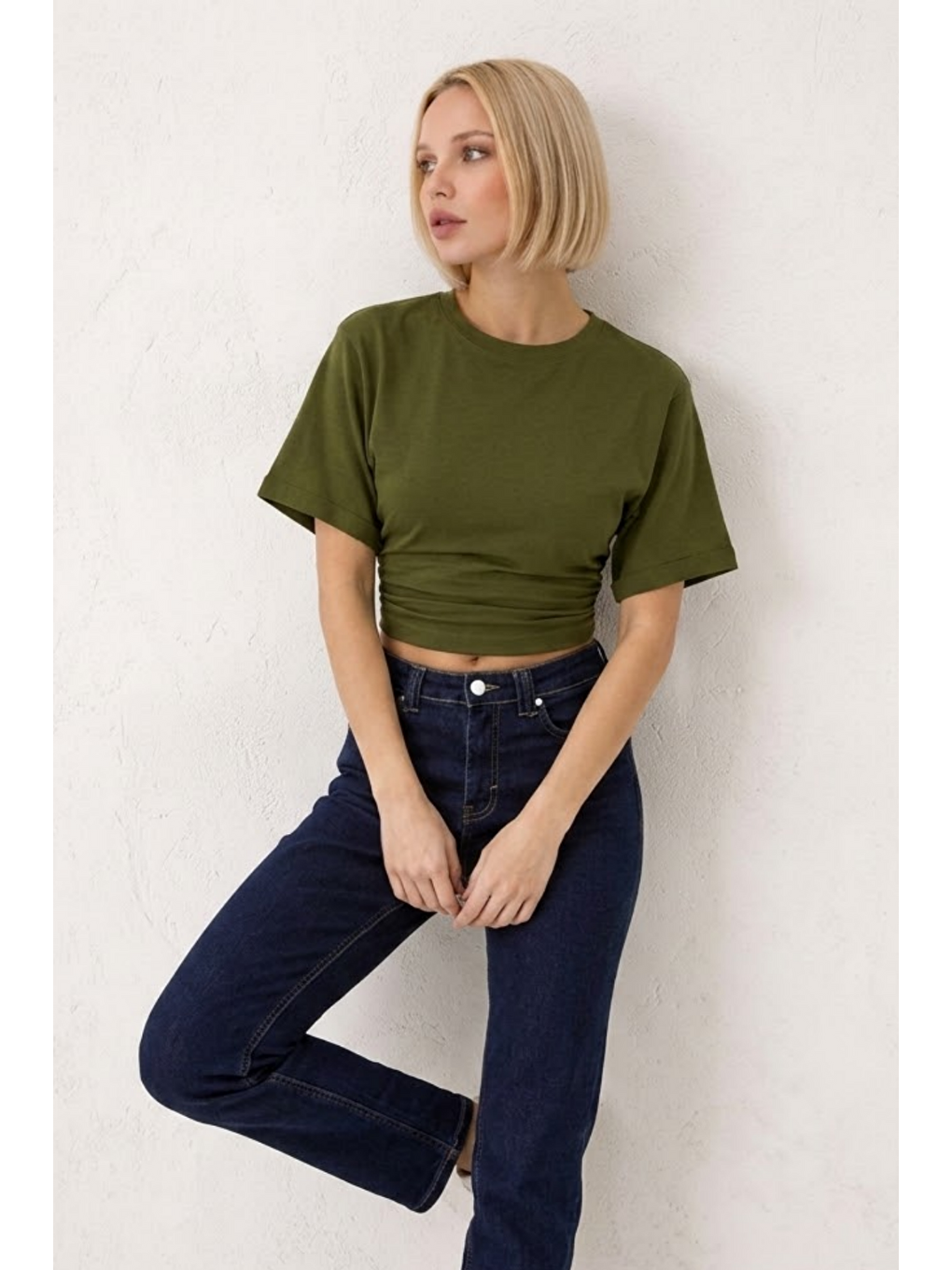 Kadın Fashion Slim Fit Haki Crop Tişört-3